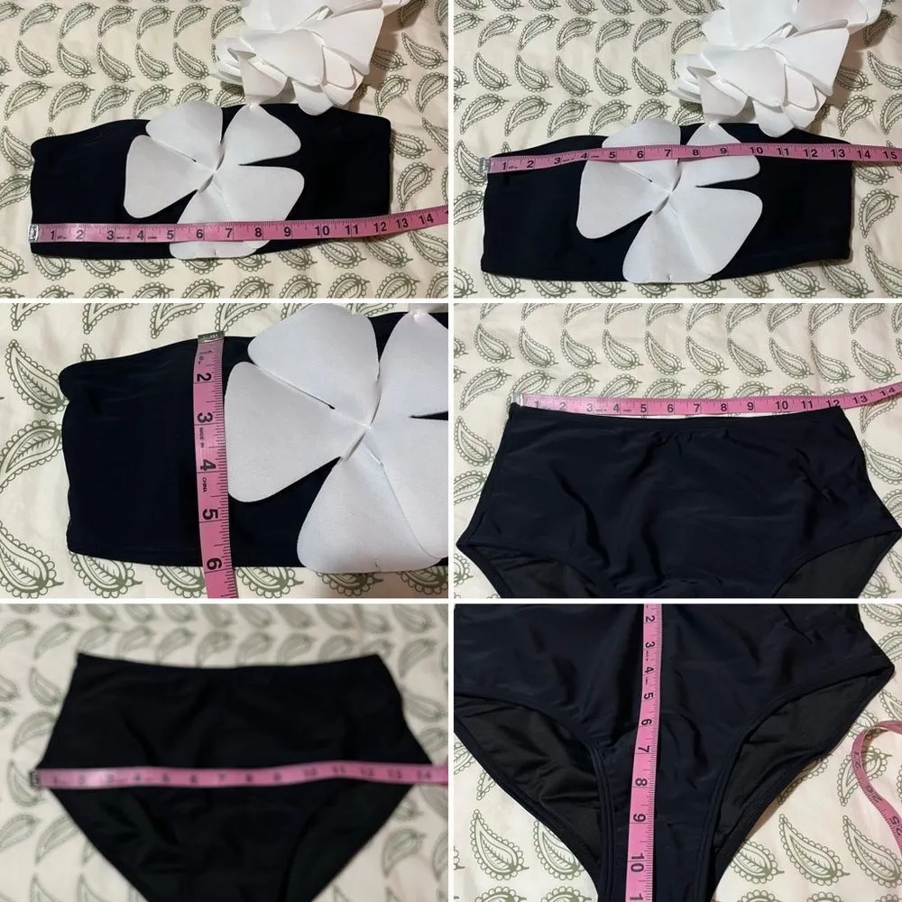Davi & Dani One Shoulder Flower Two Piece Swim Set Black & White Bikini S NWT - Image 11