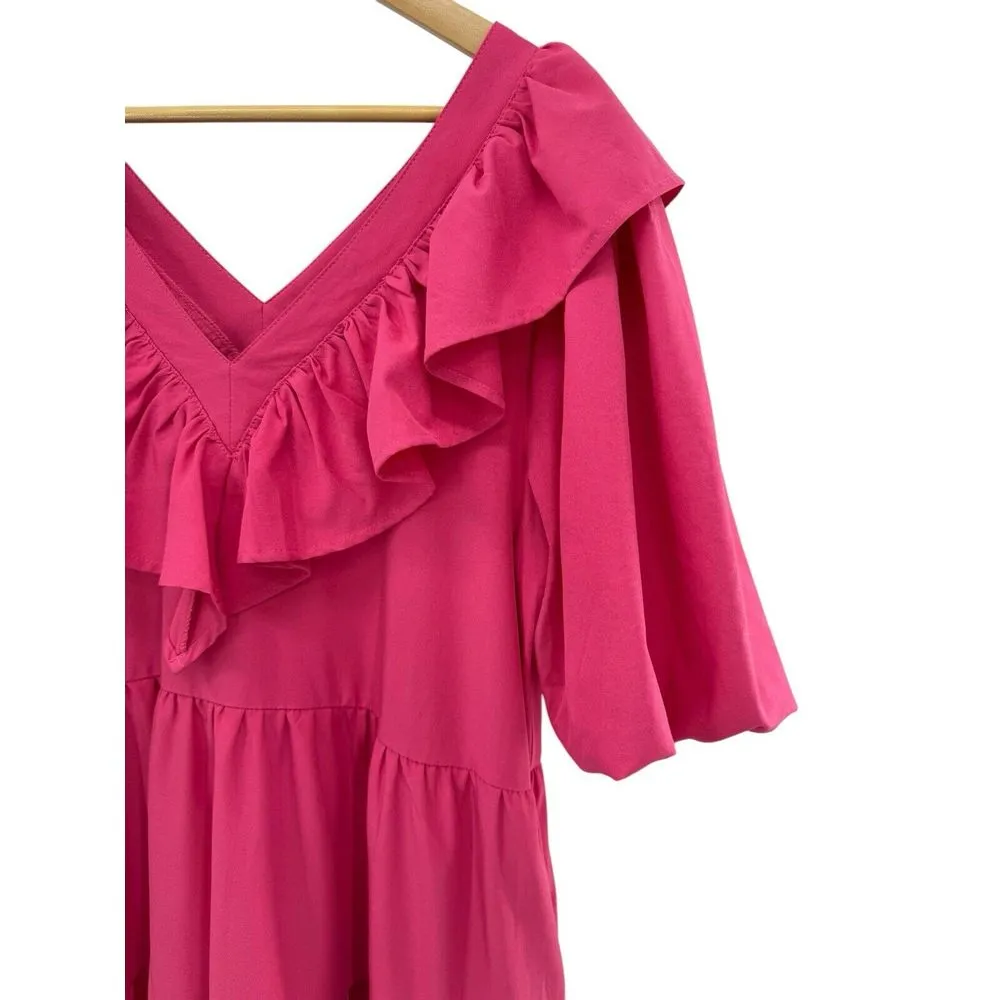 Entro Womens Tiered Puff Sleeve Mini Dress Hot Pink Ruffle V Neck‎ Large - Image 2