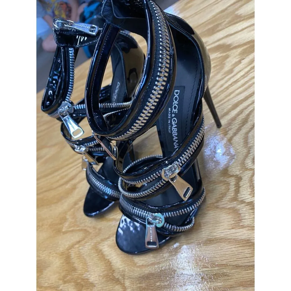 Dolce & Gabbana Heels Women's 6.5 Black Patent Leather Zip Up Stiletto Pump - Image 5