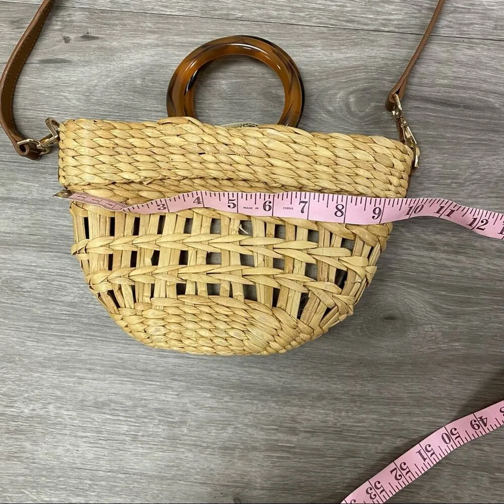 Poolside Straw Bag with Leather Strap Brown - Image 3