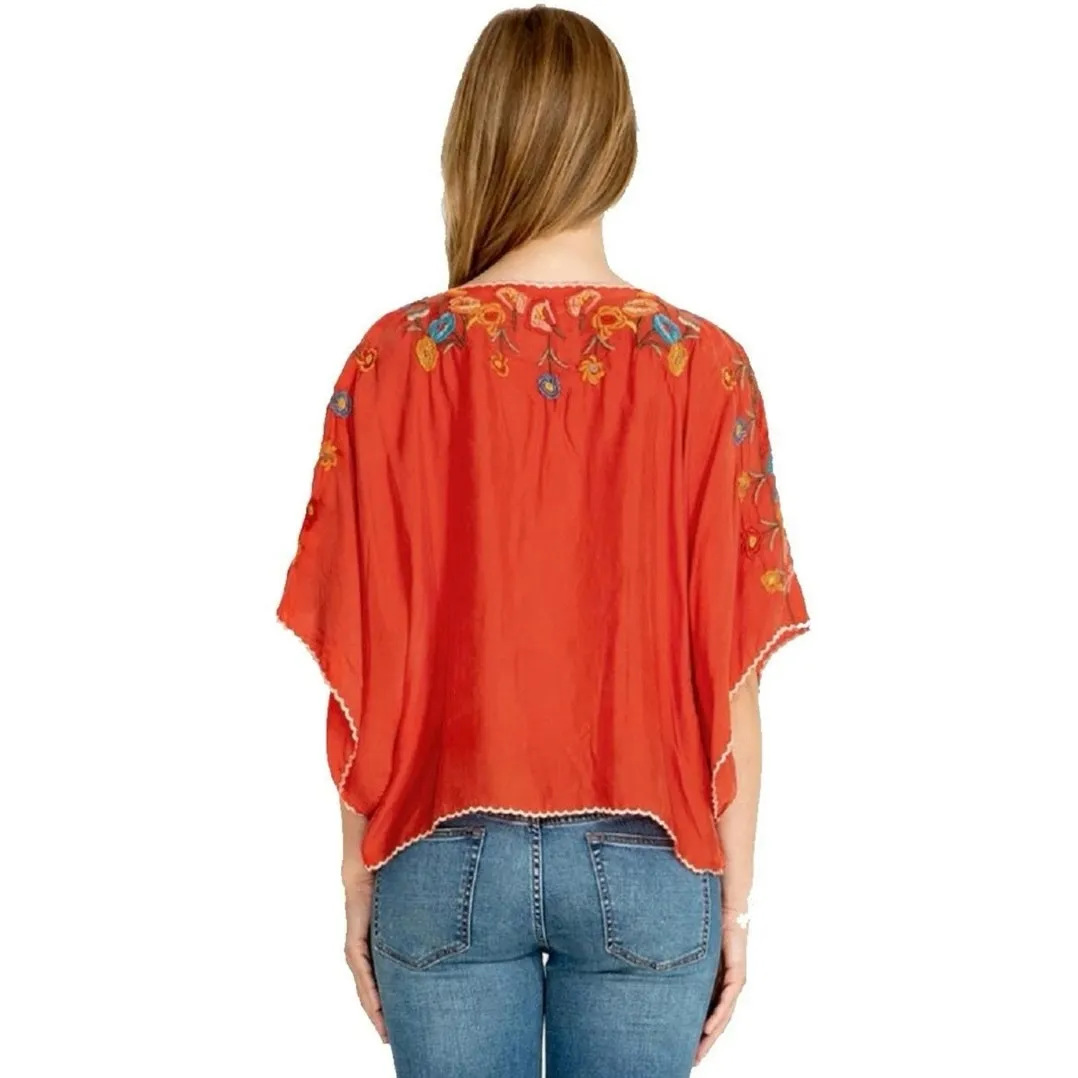 Johnny Was Biya Red Floral Embroidered Lombriga Cupra Blouse Top Size Medium - Image 2