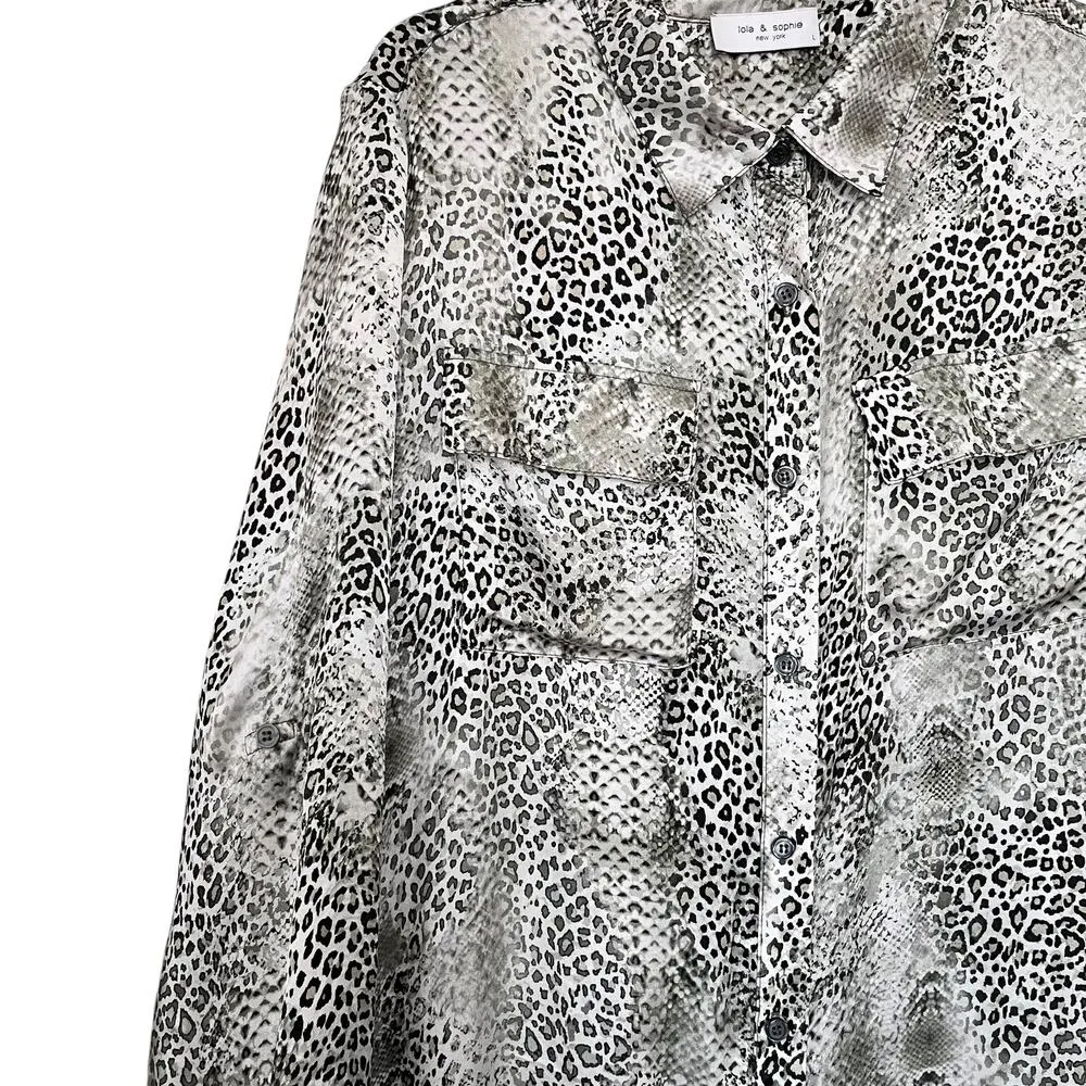 Lola & Sophie Gray Silk Leopard Animal Print Long Sleeve Button Maxi Dress Sz L Size L - Image 4