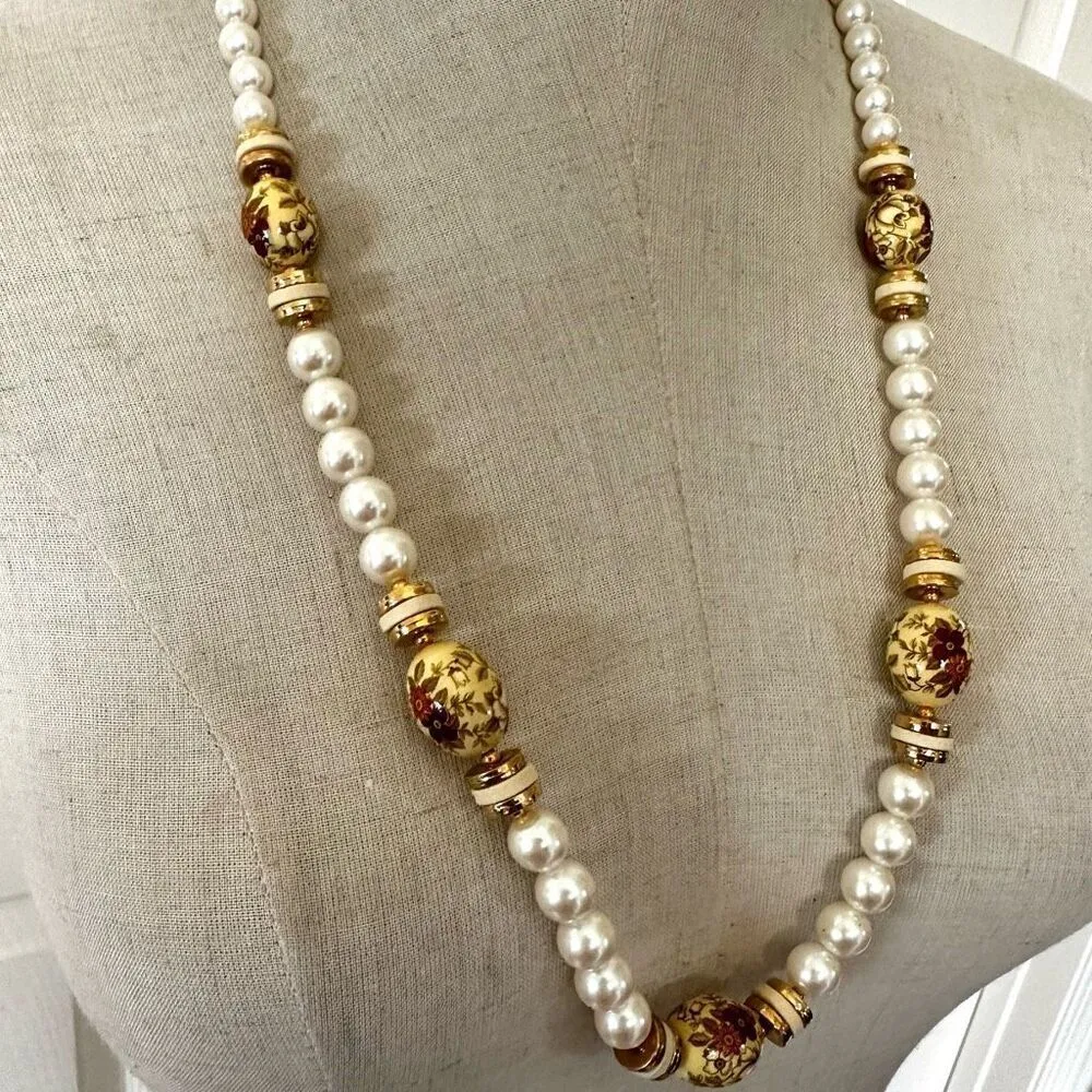 Vintage Faux Pearl floral beaded long necklace - Image 2