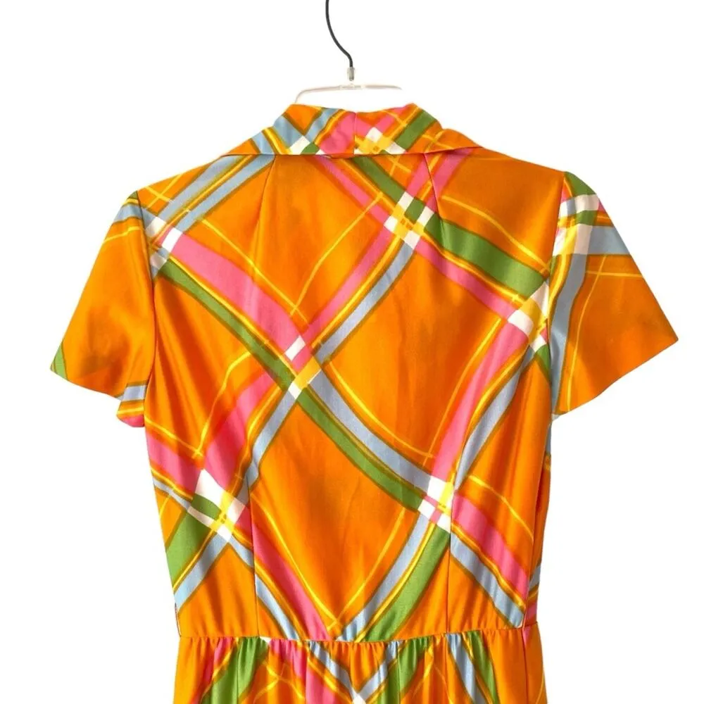 Tanner of North Caroline 60s 70s Retro Mod Maxi Dress Orange Green Button Down Size M - Image 4