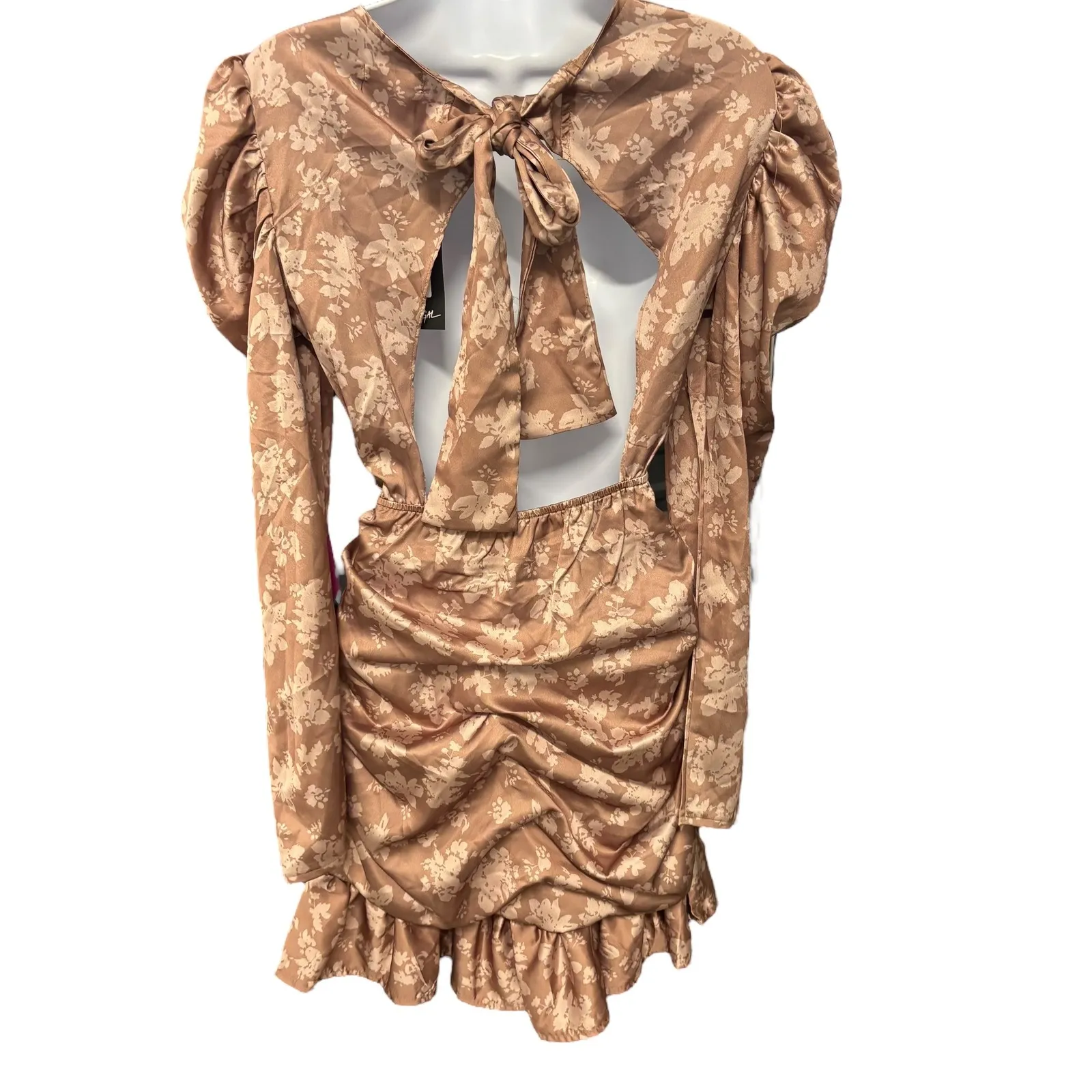 Nasty‎ Gal Shadow Print Mini Dress Taupe Floral Puff Sleeve Tie Back Size 12 - Image 3