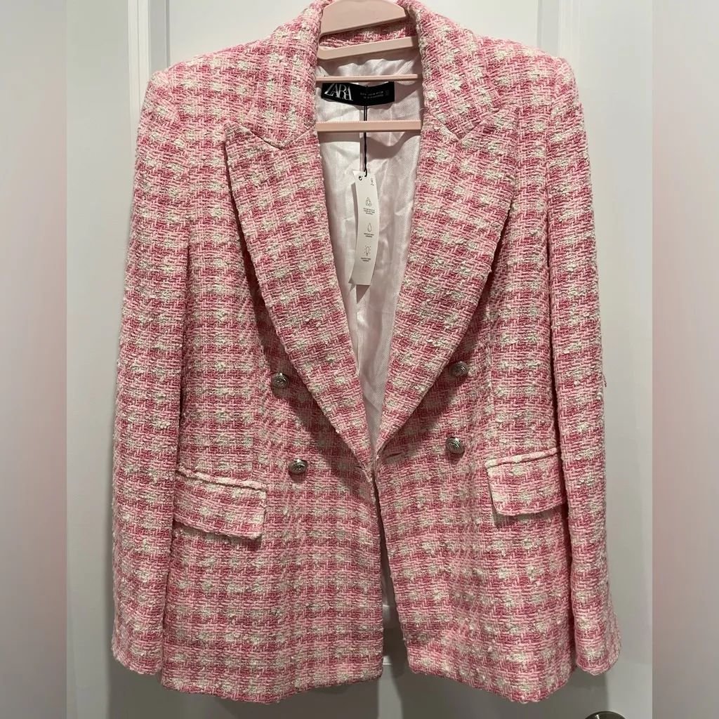 Bloggers Fave Zara Textured Tweed Checkered Pink White Double Breasted Blazer - Image 8