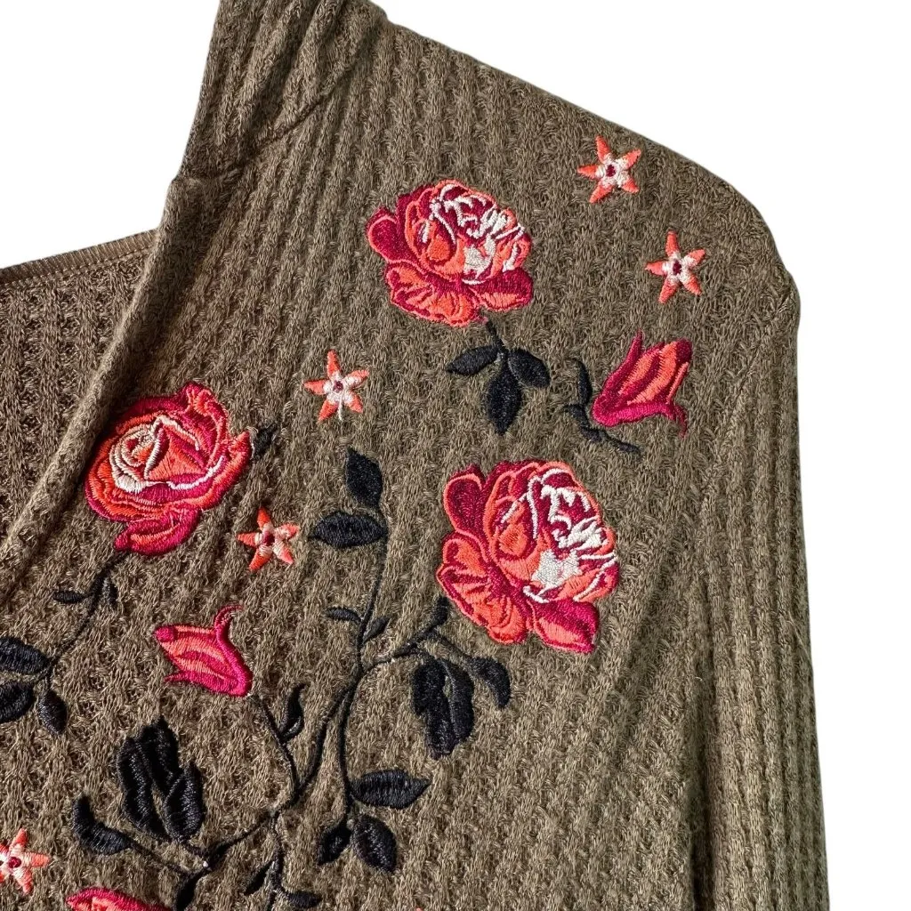 Anthropologie Olive Green Embroidered Floral Waffle Knit Hoodie Size Small - Image 5