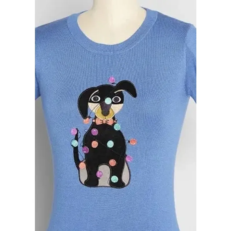 Dachshund Through the Glow Embroidered Knit Top White Size L - Image 2