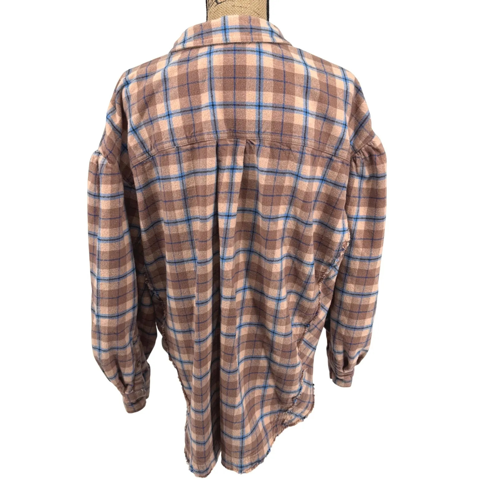 Free People We The Free Happy Hour Oversized Flannel Shirt LG Tan Button Front - Image 5