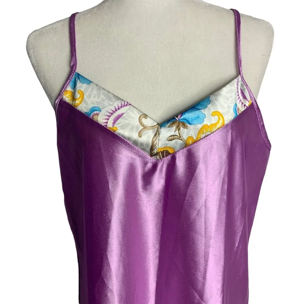Vintage 80s Silky Nightgown L Purple Floral Spaghetti Straps V Neck Round Hem Size L - Image 2