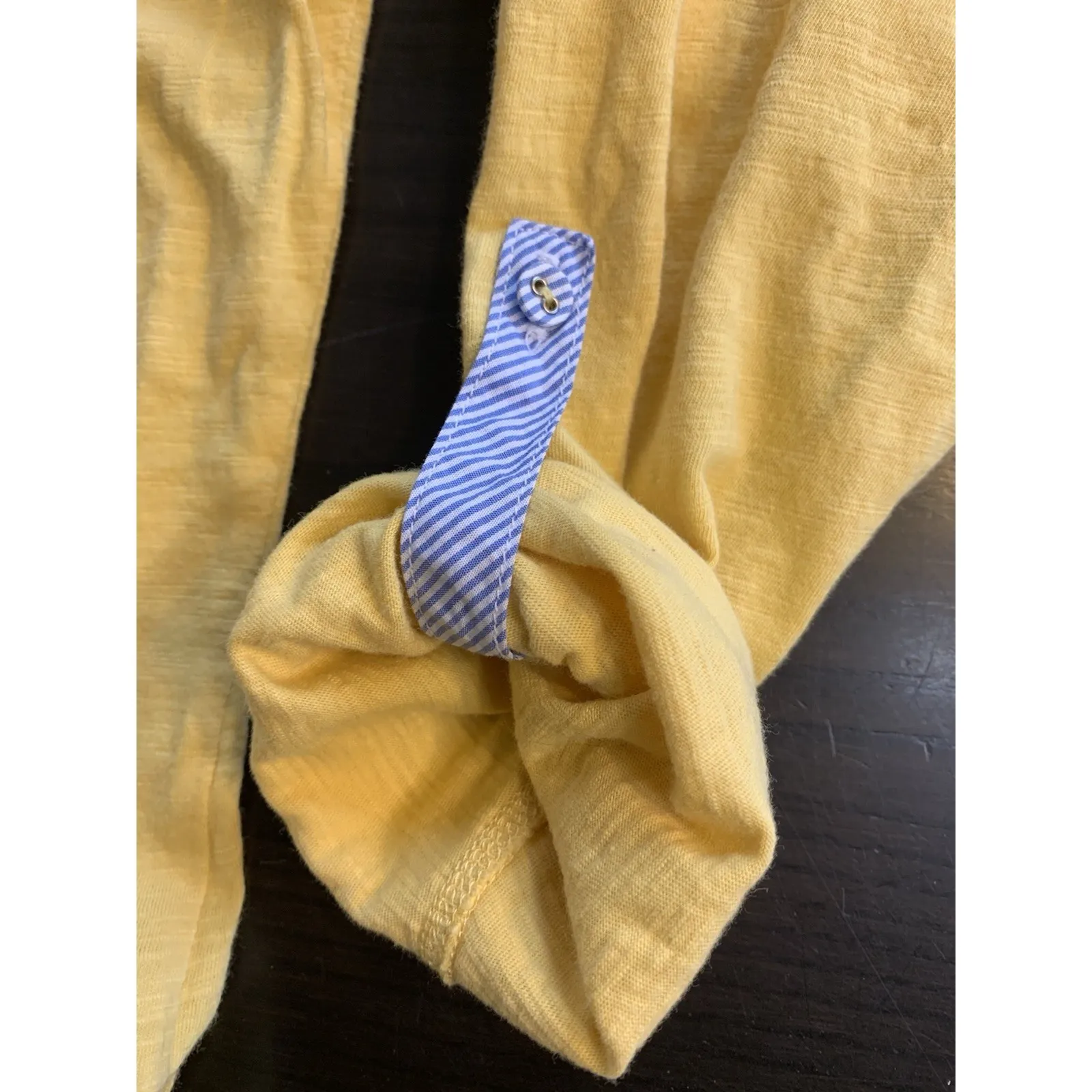 LL Bean Butter Yellow Shirt Womens Top Slub Roll‎ Tab Blue Stripe Trim Preppy Size M - Image 6