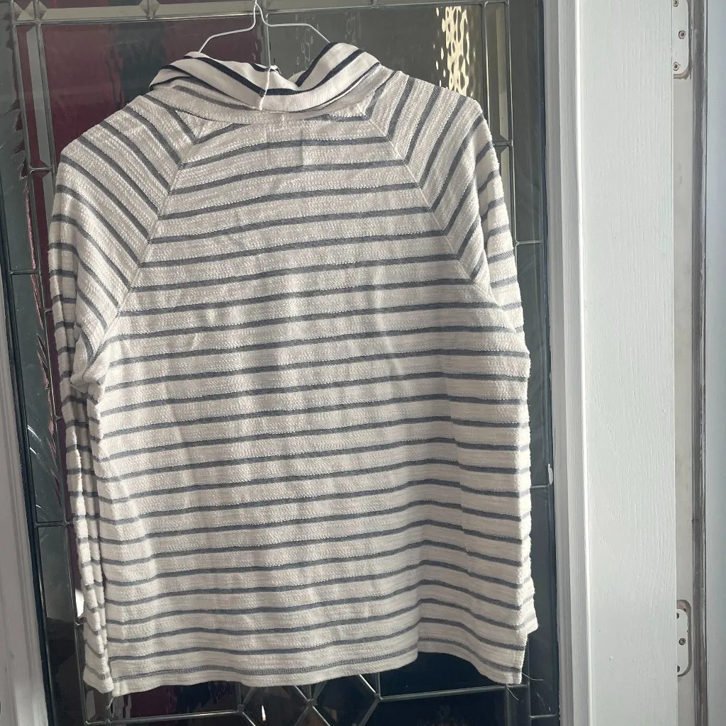 Sunday L Blue White Stripe Top Kangaroo Pocket Drawstring Coastal Nautical Size L - Image 2