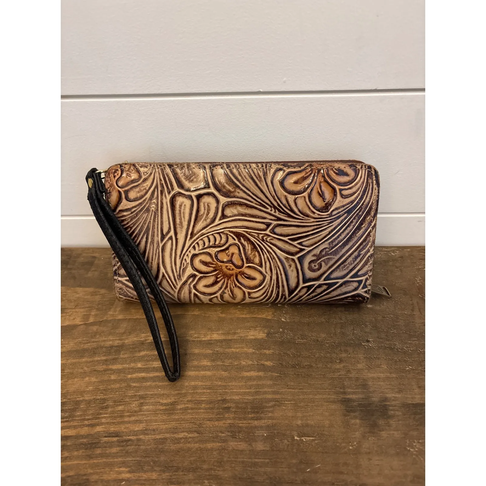 Patricia Nash Hand Tooled Leather Floral Wallet Wristlet Clutch Brown Zip Around - Image 3