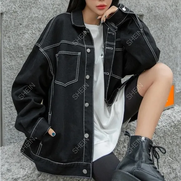 DAZY Letter Graphic Drop Shoulder Top-stitching Denim Jacket - Image 2