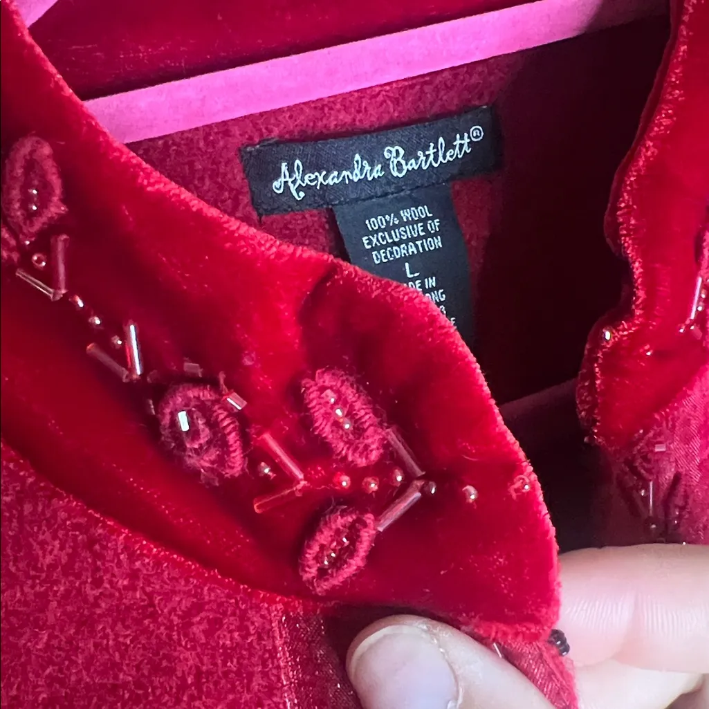Alexandra Bartlett Vintage Velvet Wool Red Bead Rose Embroidered Clasp Jacket L Size L - Image 6