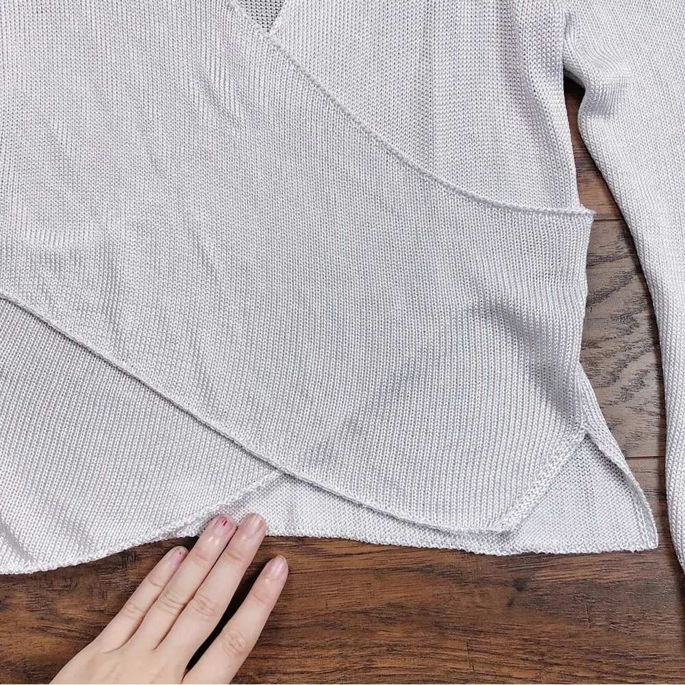 Michelle Mason • Cross Wrap Sweater top metallic silver grey surplice knit drape - Image 5