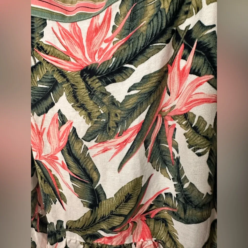LOFT Paradise Tiered Maxi Dress Green Pink Floral Palm Leaf Linen Blend NWT - Image 2