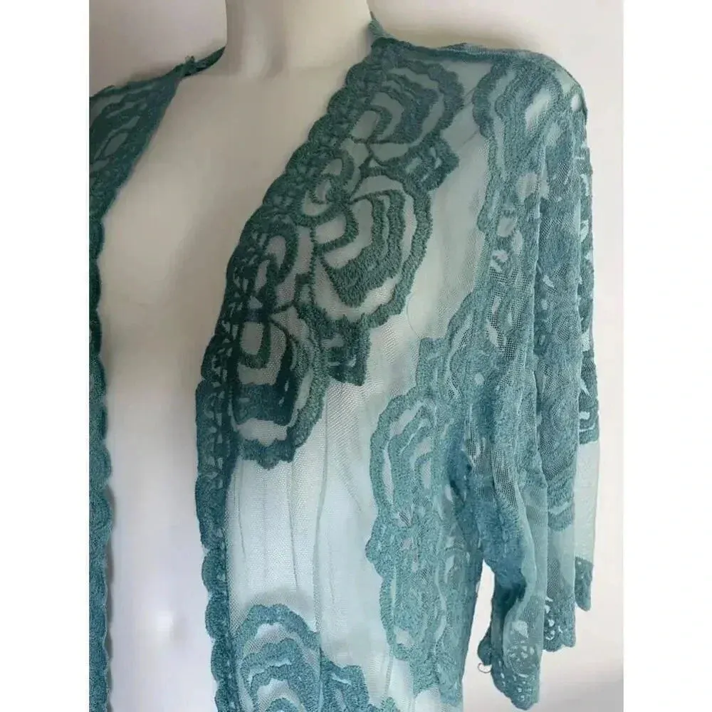 Women's Favlux Turquoise Lace Kimono Cardigan Duster‎ Size M GUC! 0155 - Image 2