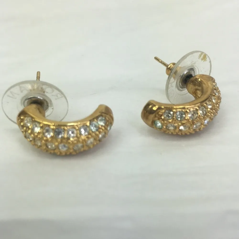 Vintage ROMAN C Hoop Pave Crystal gold tone small earrings 1" - Image 2