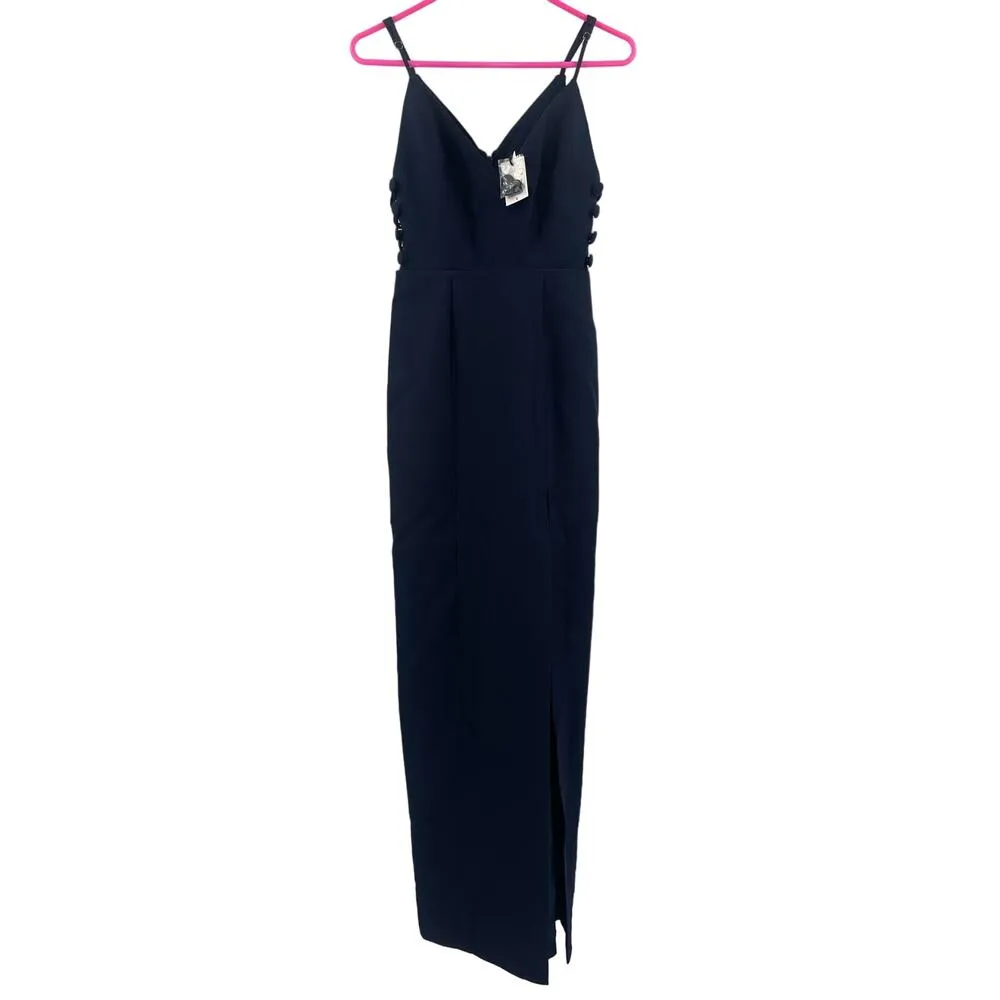 FAME AND PARTNERS Dress Size 0 Maxi Gown Navy Side Slit Buttons Evening NWT - Image 4
