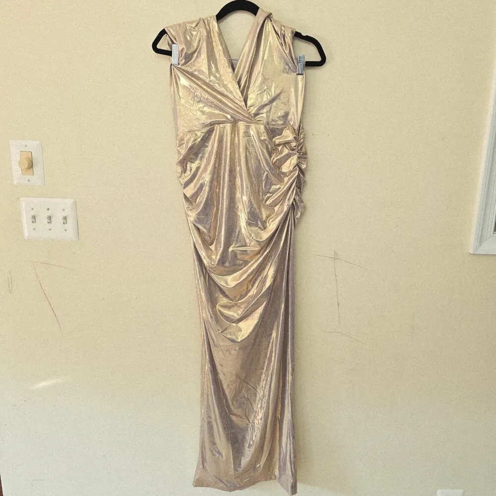 NWT Oh Polly Dalilah Metallic Maxi Gown Hooded A Light Gold Women's Size US 10 - Image 5