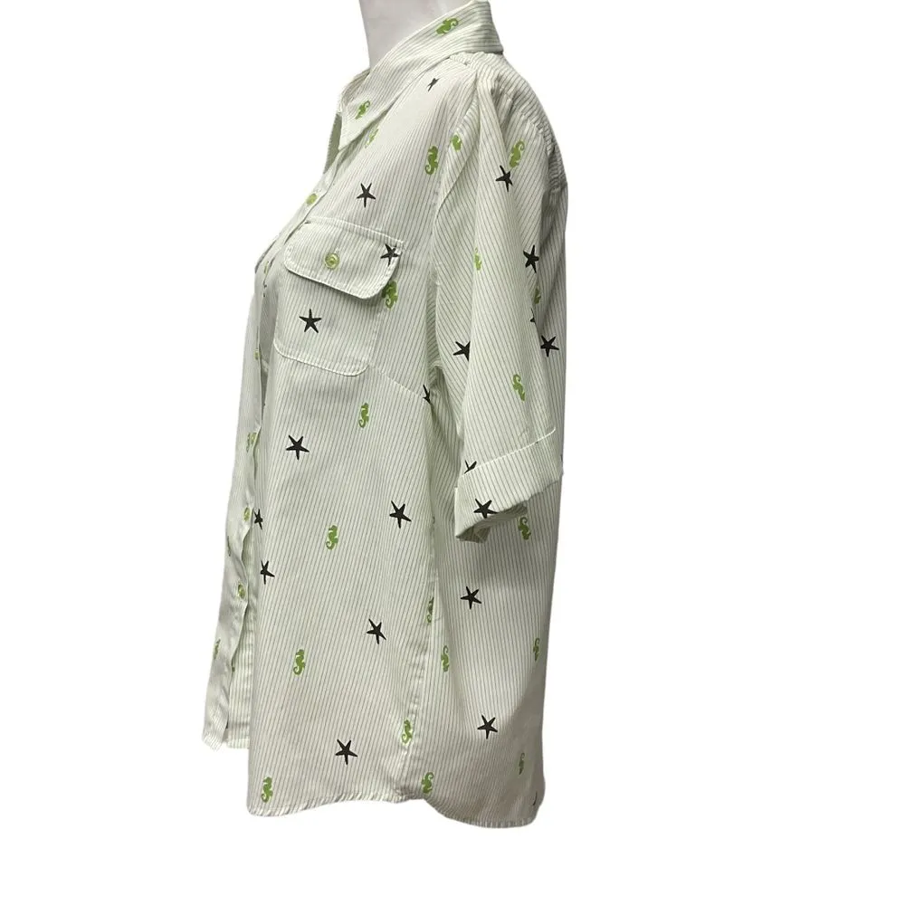 American Sweetheart Stars‎ Seahorse Stripe Blouse Shirt Button Up Sz L Nautical Green Size L - Image 5