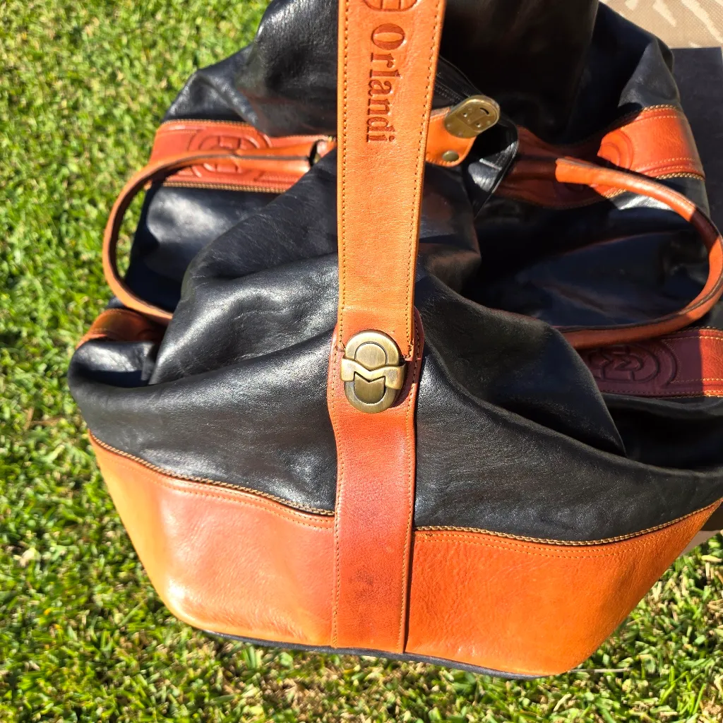 Marino Orlandi Duffle Weekender Travel Bag Italy Leather Black Brown 24x13x10" - Image 9