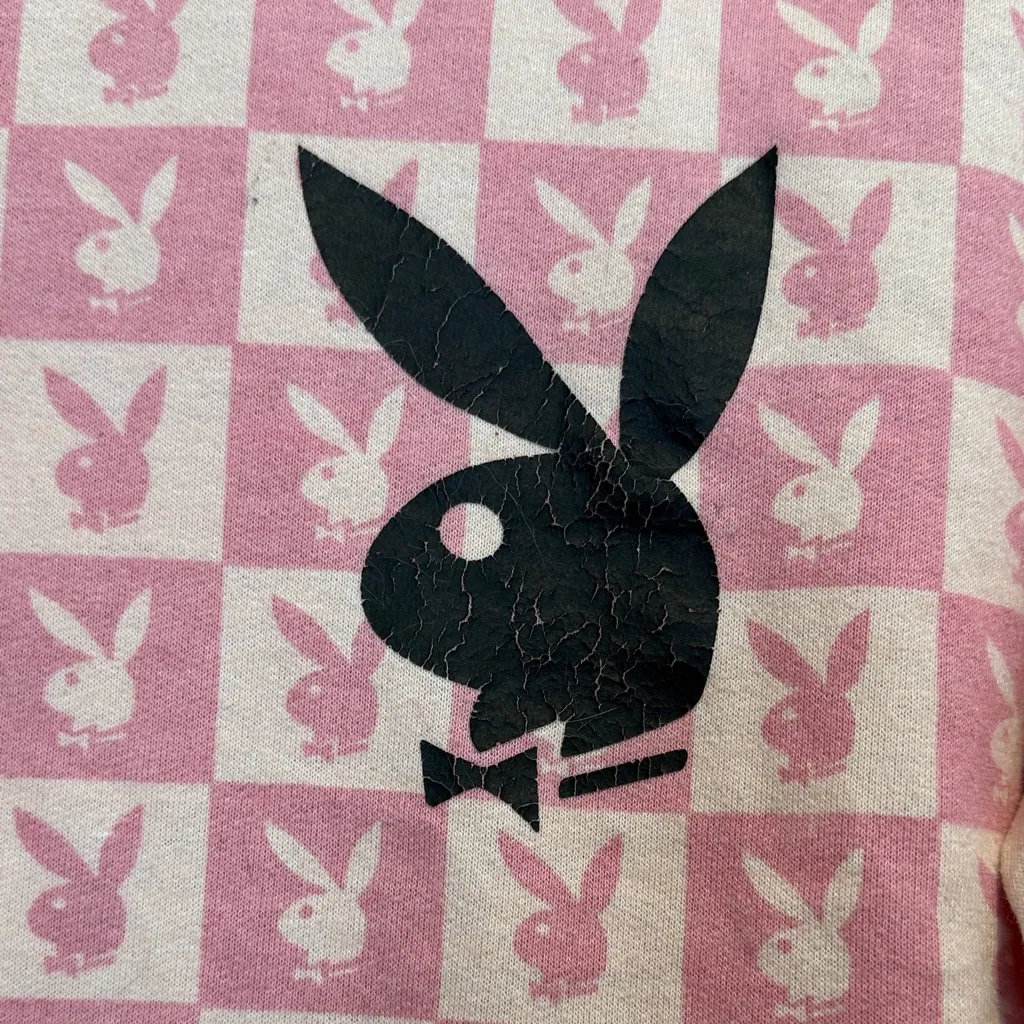 Playboy Pink Two-Tone Checkered Logo Long Sleeve Crop Top Sweatshirt Style Size - Image 3