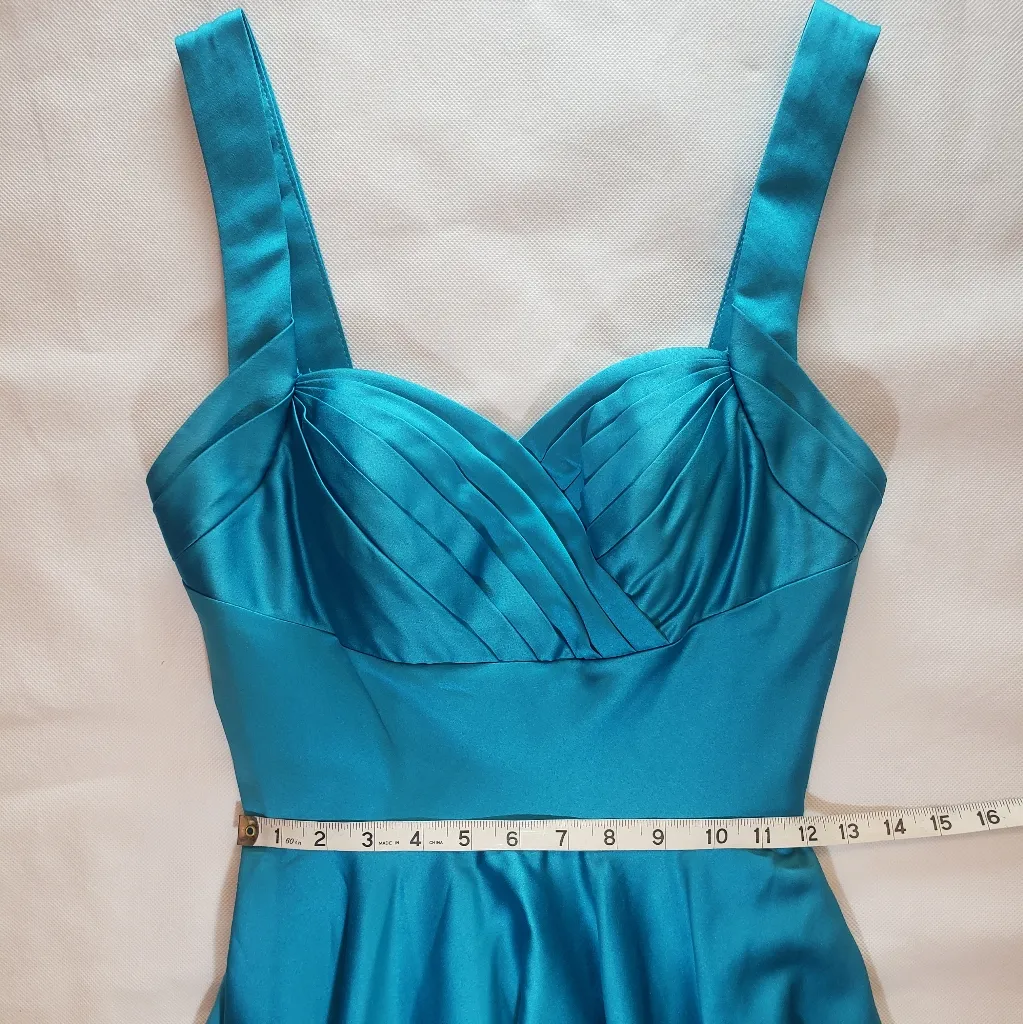 Unique Vintage Turquoise Satin Happily Ever After Pleated Swing Dress size XS - Image 7