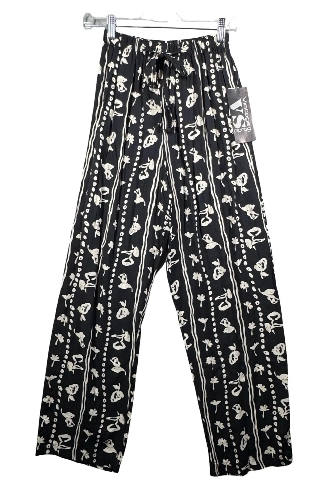 Vintage Studio Pants S Black White Floral Stripe Straight Leg Boho Hippie Grunge - Image 1