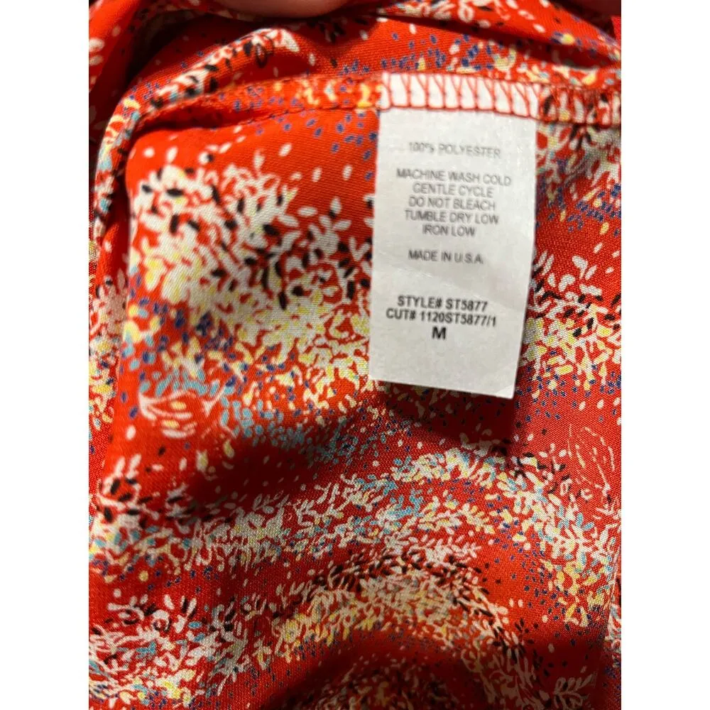 Hailey & Co Red Geometric Strappy V-neck Puff Sleeve Blouse Medium Women's Top - Image 7