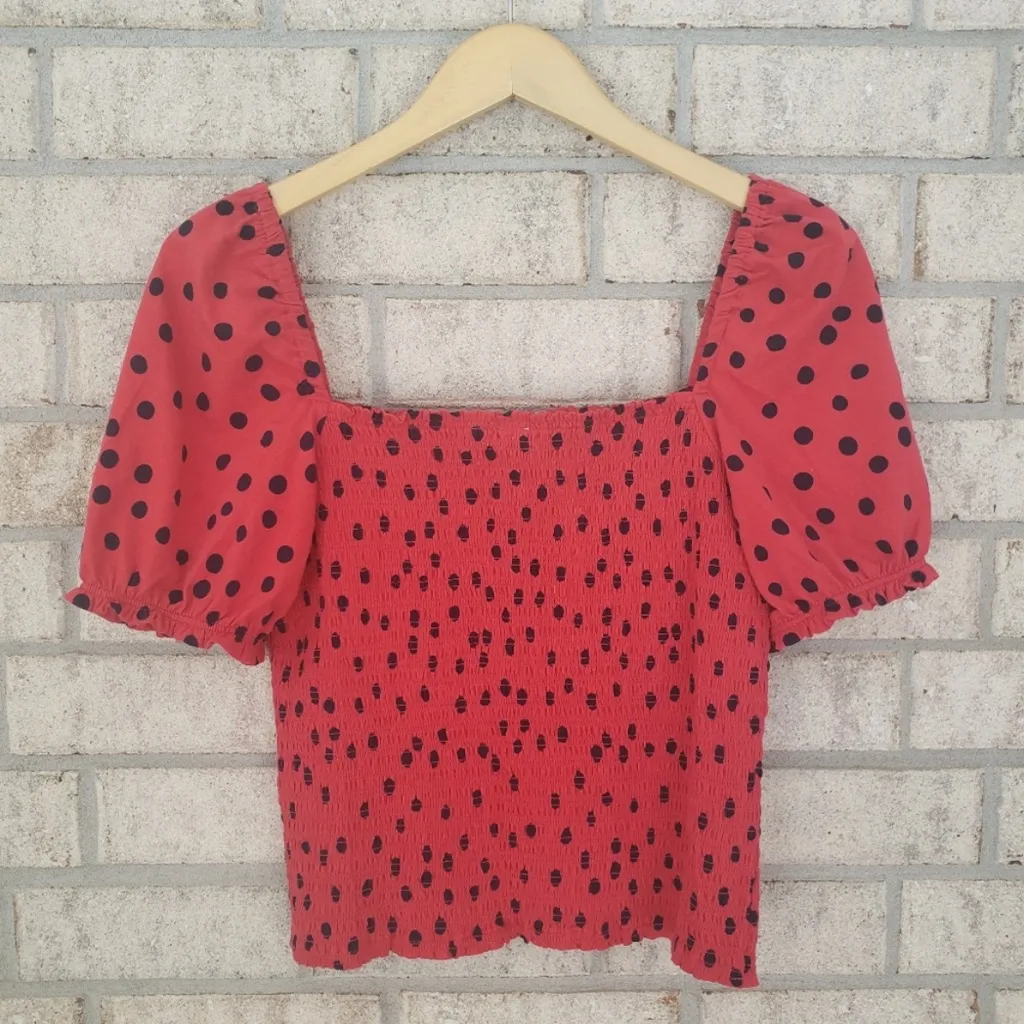 Dolan Anthropologie Smocked Polka Dot Puff Sleeve Red Black Shirt XS Cotton - Image 5