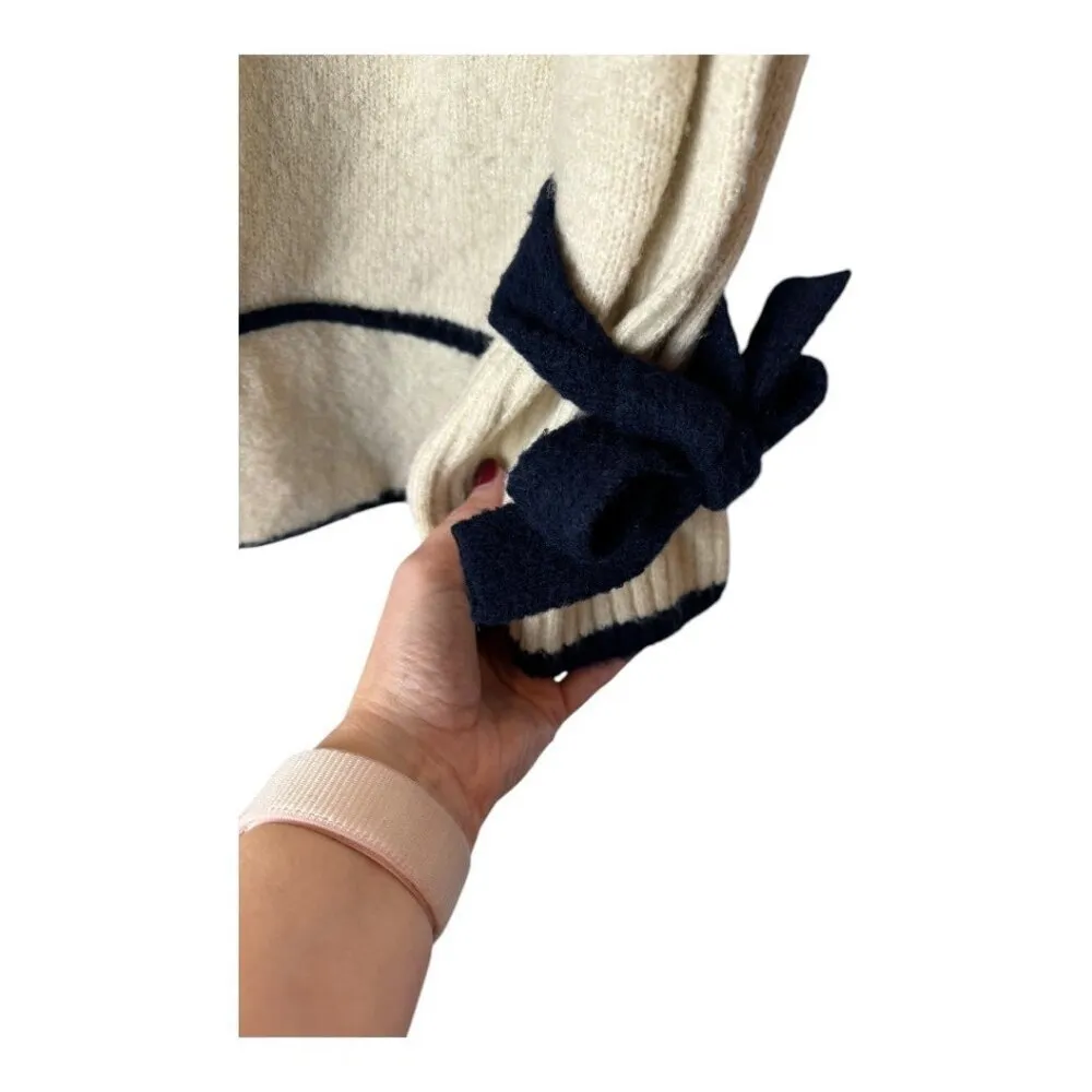 JOA Sweater Women Small Ivory Navy Blue‎ Trim Knit Hi Low Tie Sleeve Sweater - Image 7