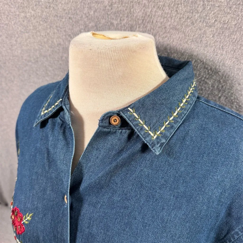 Vintage Bobbie Brooks Women'sCotton Denim Floral Embroidered Tunic Blouse Size M Blue Size M - Image 2