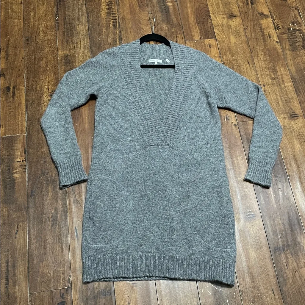 Vince Cashmere Alpaca Wool Blend Gray Deep V-Neck Sweater Mini Dress Pockets L - Image 11