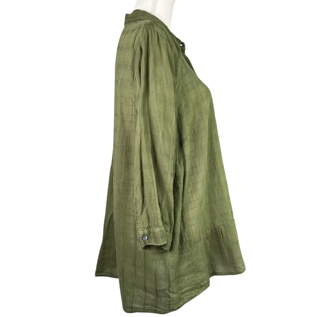 J. Jill Button Down Women’s Olive Green 109% Cotton Peplum Top Size Large Plaid - Image 5