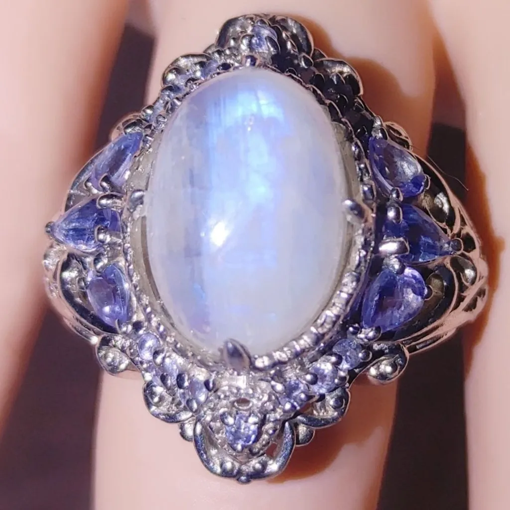 Oval Rainbow Moonstone Ring Size 7 Tanzanite Filigree Sterling Silver Stamp 925 - Image 1
