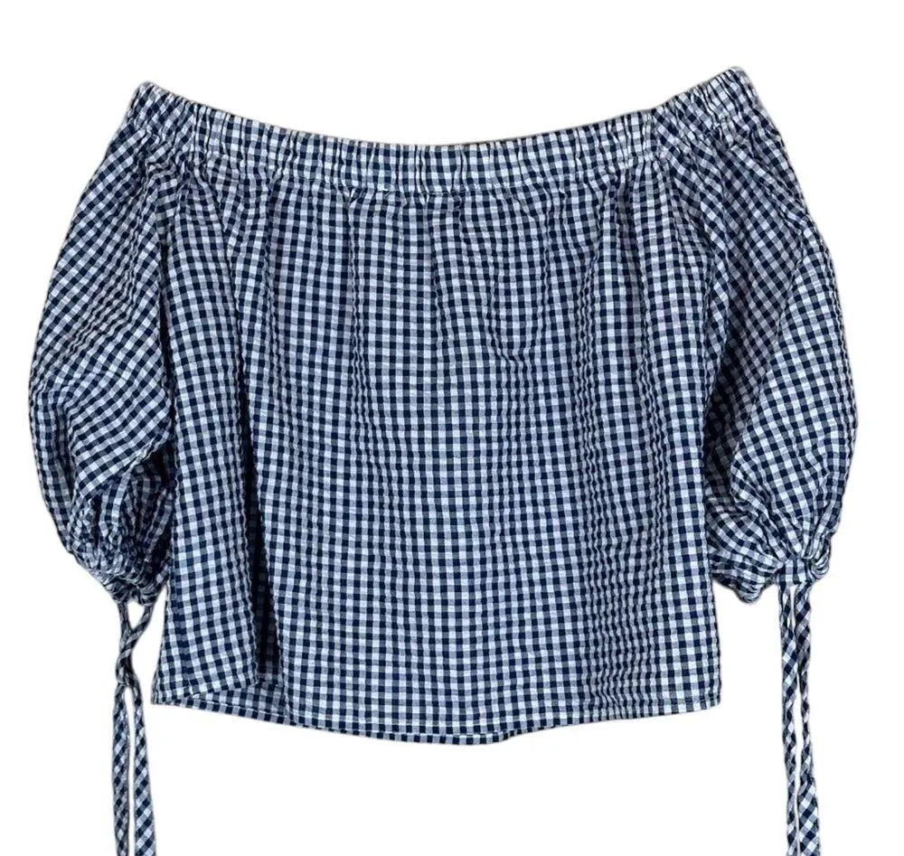 Elodie Womens M Blue 100% Cotton Gingham Off Shoulder Blouse Country Cottagecore - Image 2