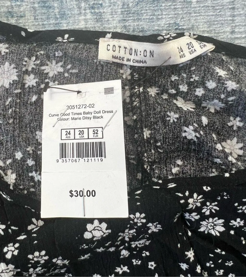 Cotton On  Curve Good Times Baby Doll Dress Black White Ditsy Floral Size 20 - Image 3