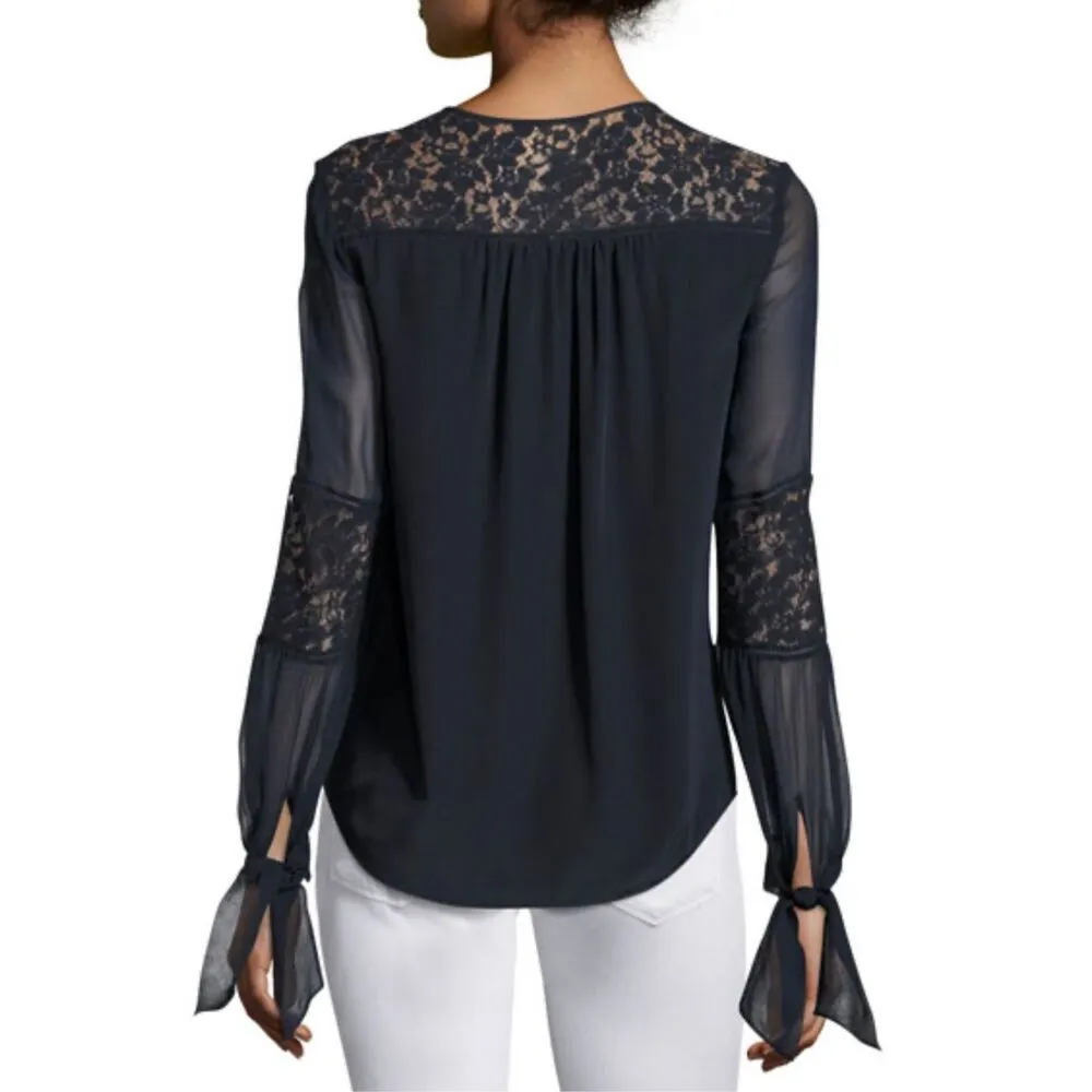 Rebecca Taylor Navy Sarah Tie-Cuff Lace-Trim Silk Crew Neck Long Sleeve Top Sz 0 - Image 2