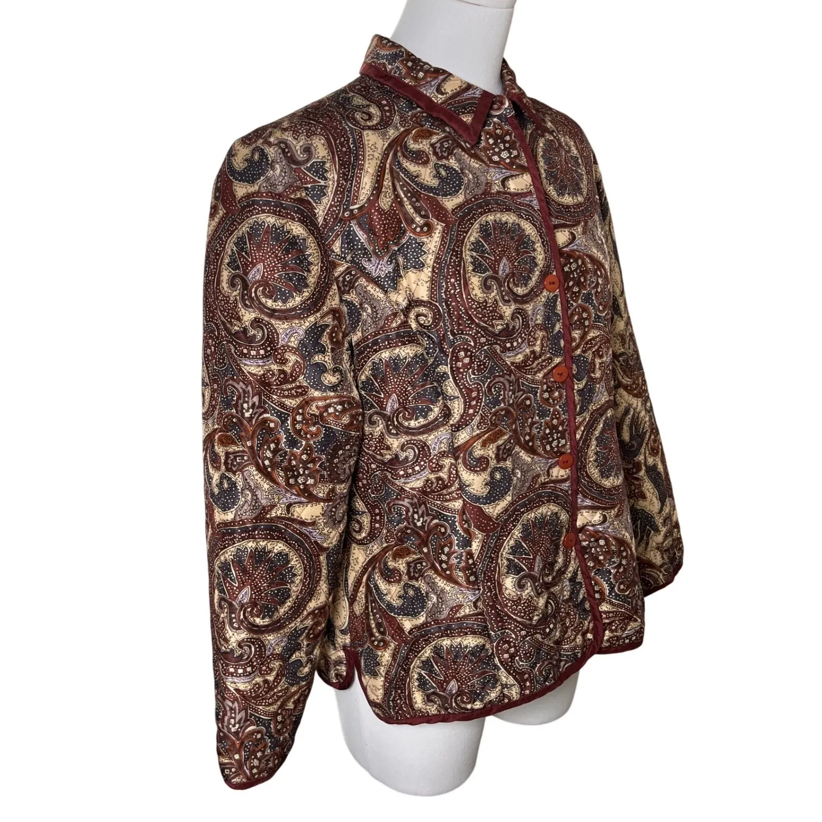 Preppy Vintage Classic Paisley Quilted Silk Jacket Brown Red Silkland Petite‎ L Size undefined - Image 4