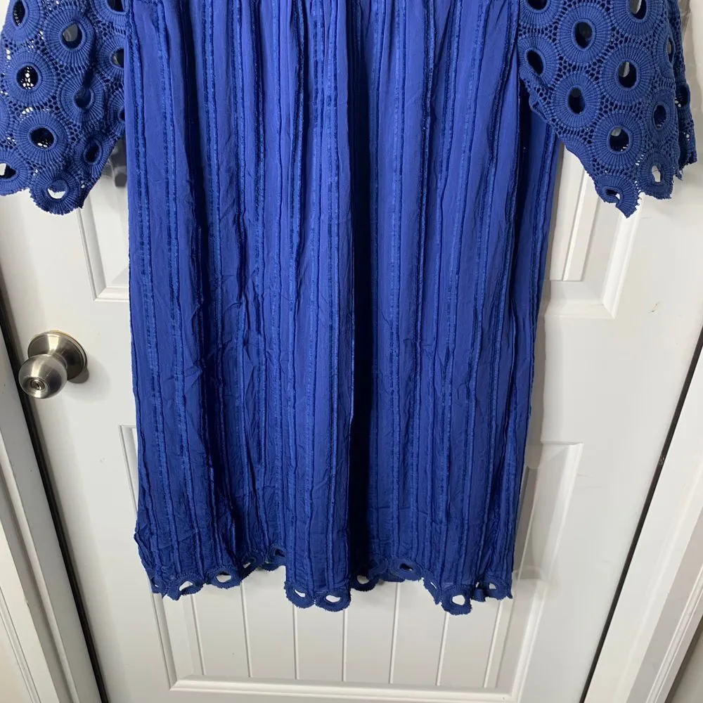 See New‎ York Royal Blue Eyelet Lace Cotton Silk Midi Dress Size 6 - Image 3