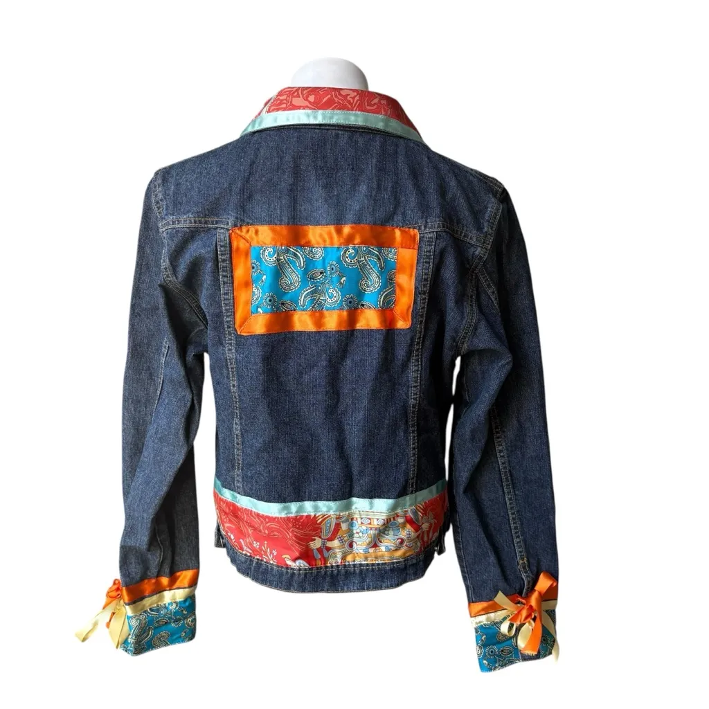 Pineda Covalin Denim Embellished Jacket Patchwork Ribbon Trim, Sz L Blue Size L - Image 2