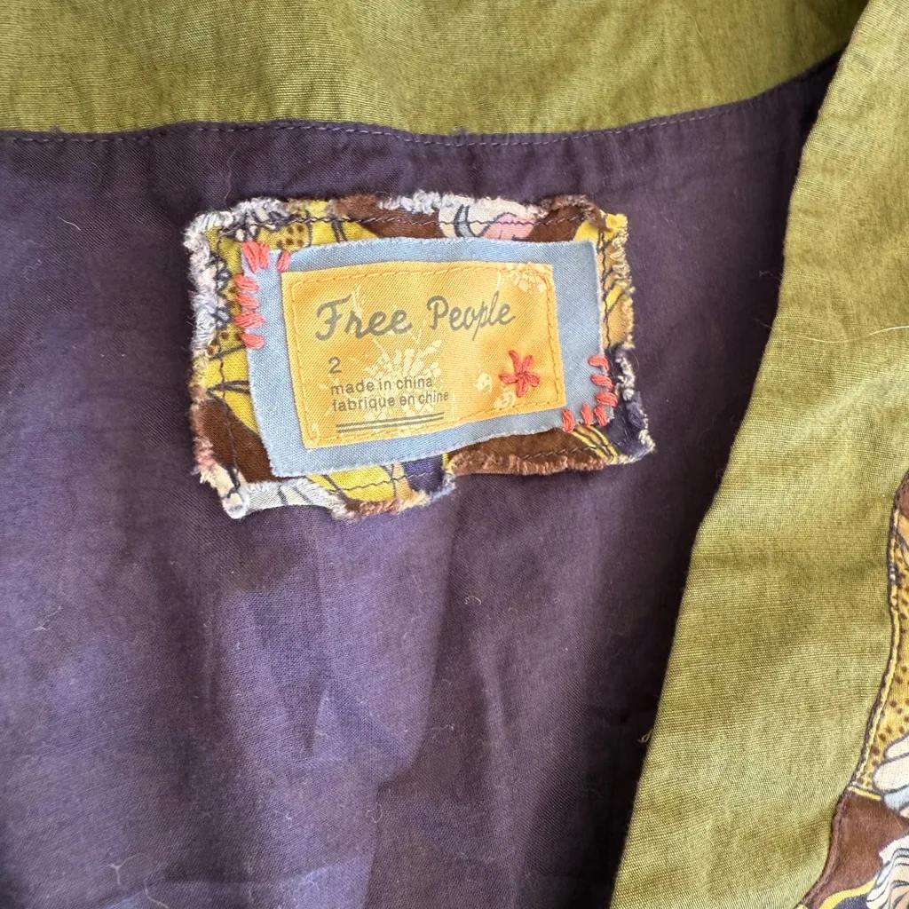 Free People A-Line Dress Womens Size 2 Green Brown Floral Tie-Back Short Sleeve - Image 3