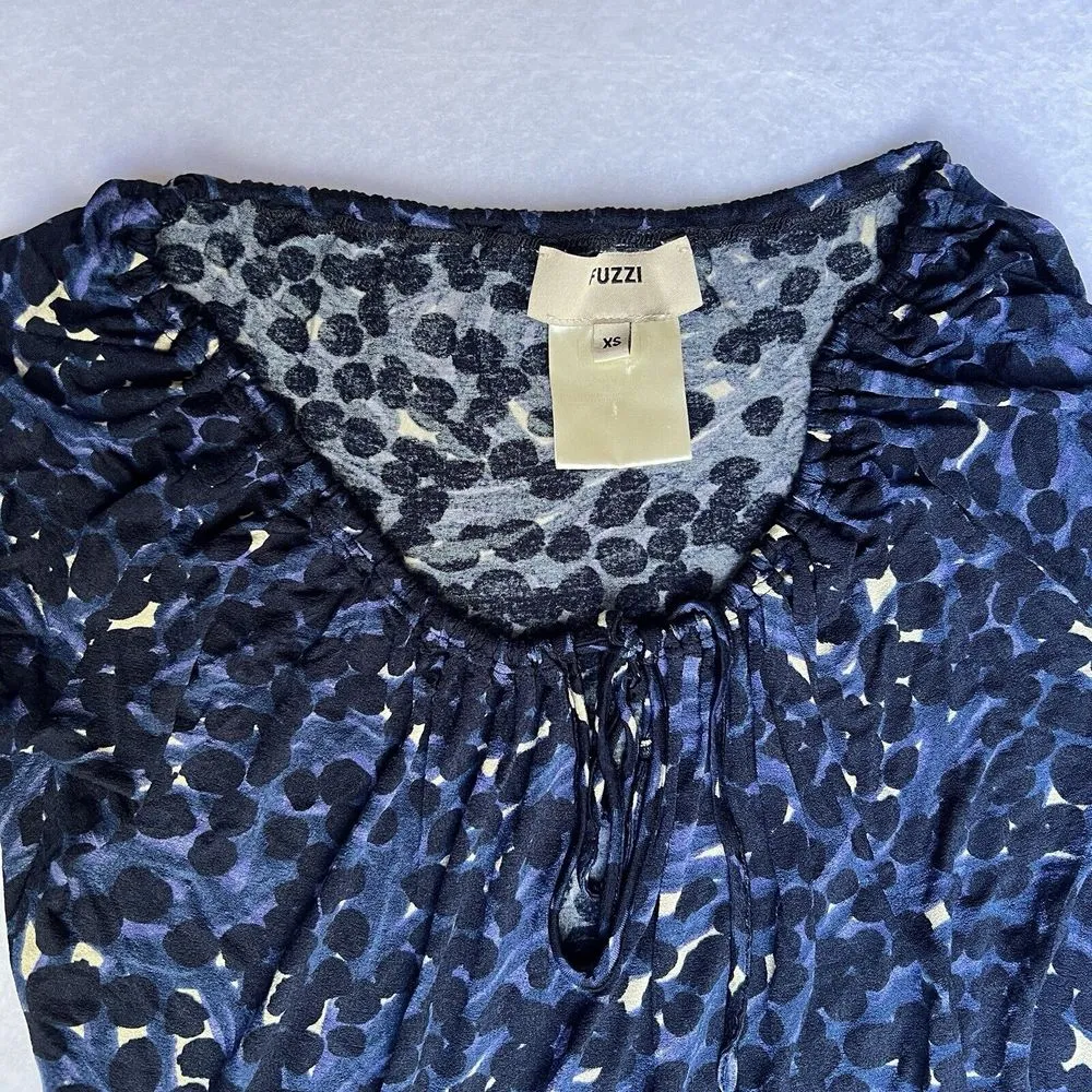 Fuzzi Made In‎ Italy Long Sleeve Blue Leopard Tee Shirt Black Blue Size XS Y2K - Image 3