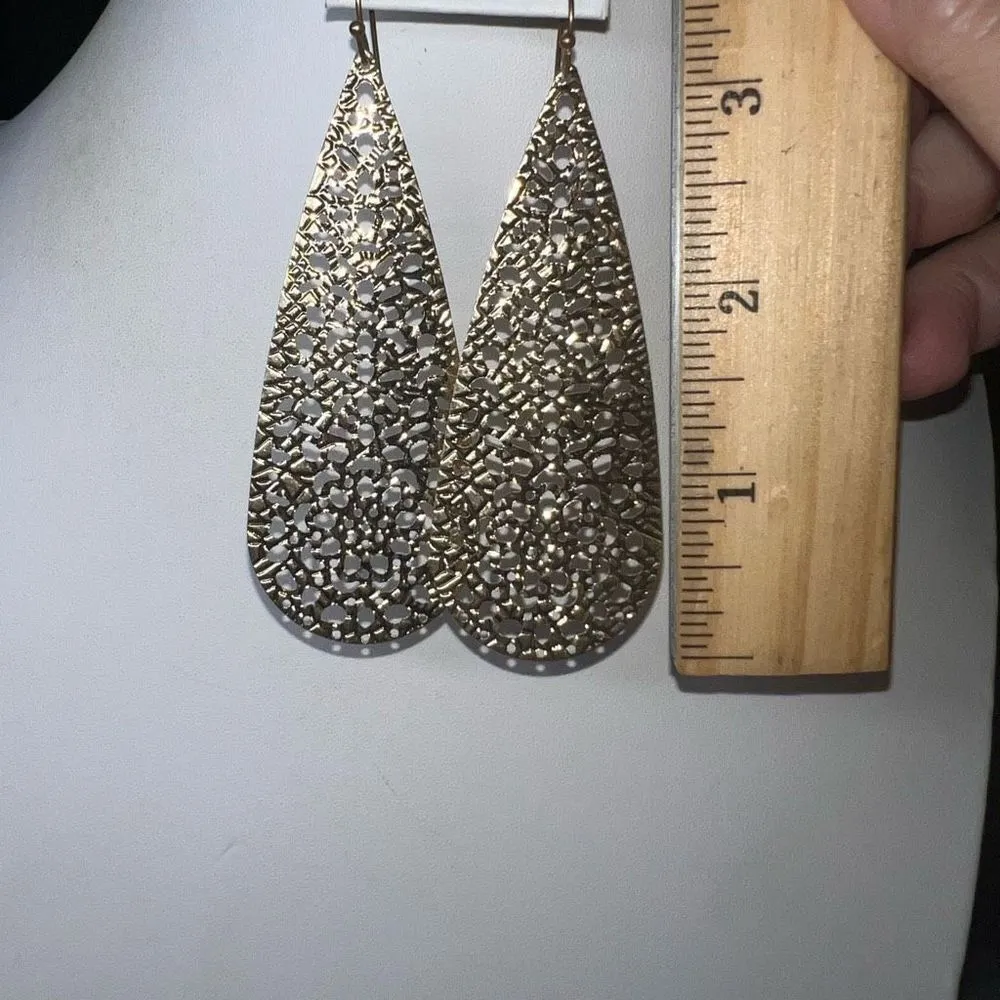 Gold Tone Long Filigree Teardrop Shape Earrings - Image 6
