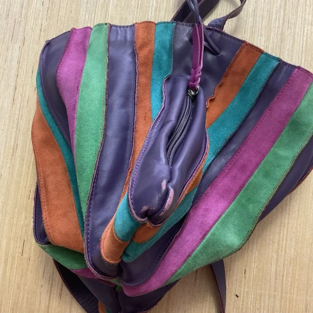 MYWALIT Crossbody Drawstring Stripe Purple Orange Green Leather Suede Purse Bag - Image 11