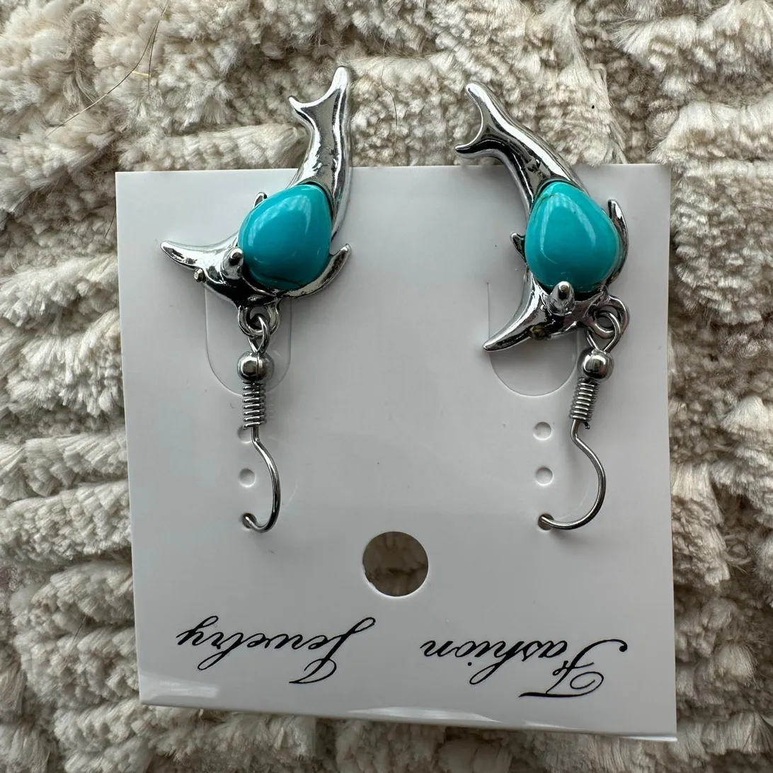 Faux Turquoise Silver Dolphin Earrings - Image 4