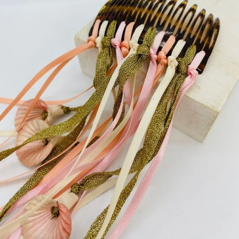 Vintage 80s Lurex Metallic Floral Ribbons Hair Comb Pink - Image 5
