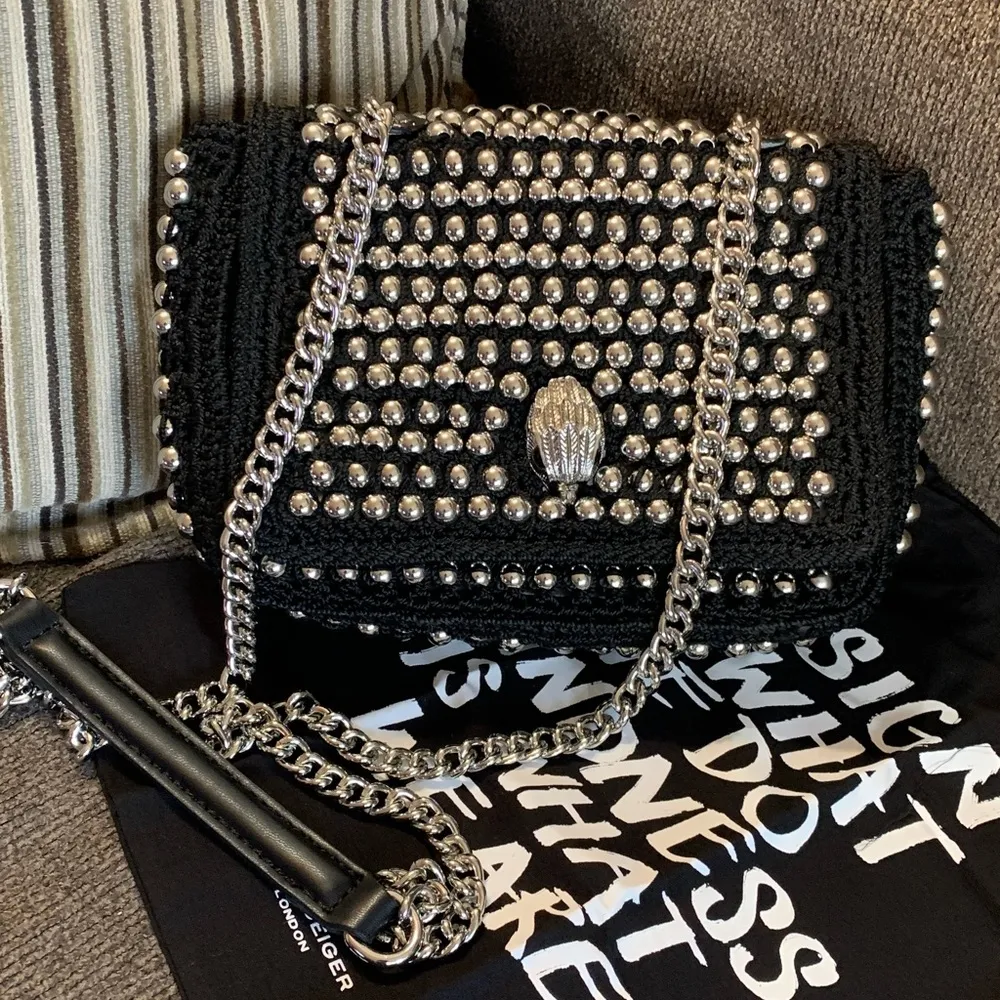 Authentic KURT GEIGER LONDON SILVERSTONE STUDS CROCHETED/LEATHER FLAP CROSSBODY - Image 4